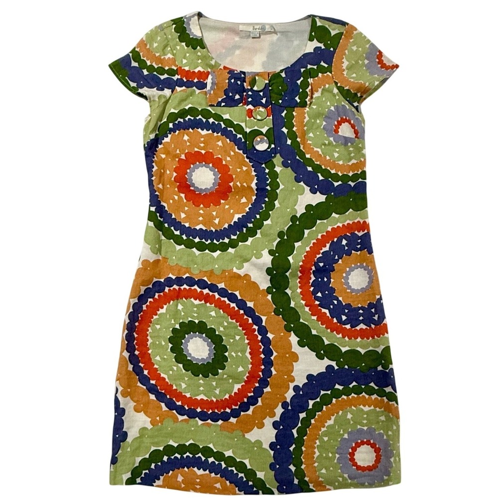 Boden Womens Linen Geometric Circle Print Shift Dress Multi-Color US 2 WH255 W51